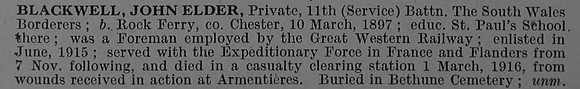 Blackwell J E Pte 11th South Wales Borderers Obit