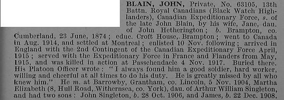 Blain J Pte 63105 13th Canadian Infantry (Quebec Regiment) Obit