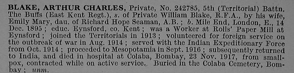Blake A C Pte 242785 5th East Kent Regiment Obit