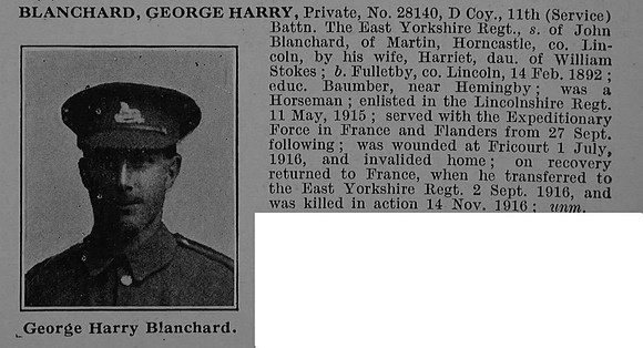 Blanchard G H Pte 28140 11th East Yorkshire Regiment Obit