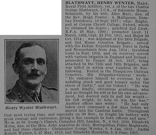 Blathwayt H W Major Royal Field Artillery Obit