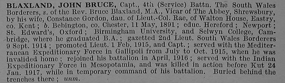 Blaxland J B Captain 4th South Wales Borderers Obit