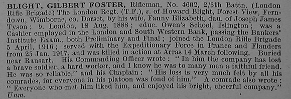 Blight G F Rfn 302721 London Regiment (London Rifle Brigade) Obit