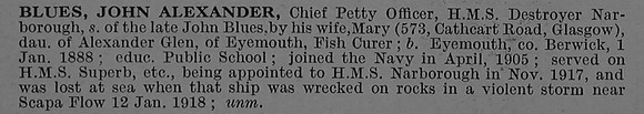 Blues J A Petty Officer H.M.S. Narbrough Royal Navy Obit