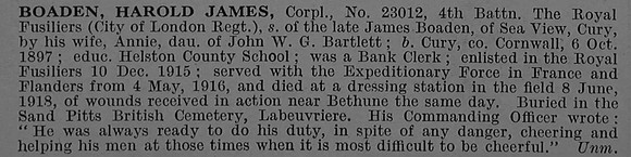 Boaden H J Cpl 23012 4th London Regiment (Royal Fusiliers) Obit