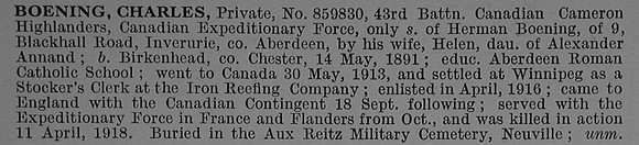 Boening C Pte 859850 43rd Canadian Infantry (Manitoba Regiment) Obit