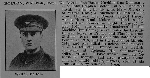 Bolton W Cpl 34916 Machine Gun Corps Obit