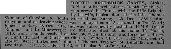 Booth F J Stoker 4659TS H.M. Mine Sweeper Queen Empress Royal Naval Reserve