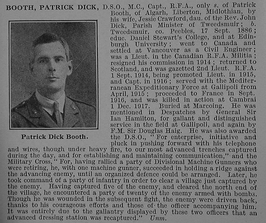 Booth P D Captain DSO MC Royal Field Artillery Obit