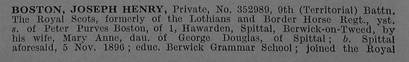 Boston J H Pte 352989 9th Royal Scots Obit Part 1