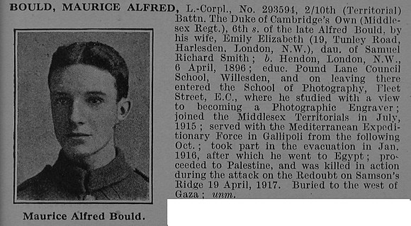 Bould M A L/Cpl 293494 10th Middlesex Regiment Obit