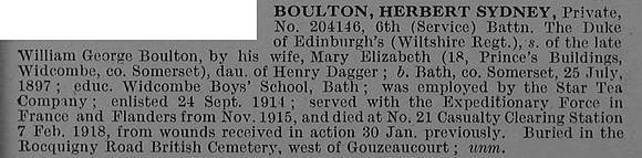 Boulton H S Pte 204146 6th Wiltshire Regiment Obit