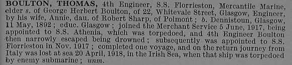 Boulton T Fourth Engineer Officer S.S. Florrieston (Glasgow) Mercantile Marine