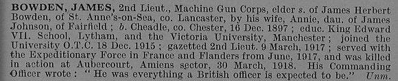 Bowden J 2nd Lt Machine Gun Corps Obit