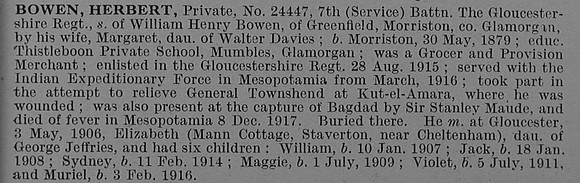 Bowen H Pte 24447 7th Gloucestershire Regiment Obit