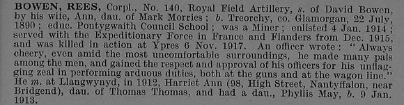 Bowen R Cpl 140 Royal Field Artillery Obit
