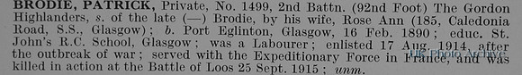 Brodie P Pte 1499 2nd Gordon Highlanders