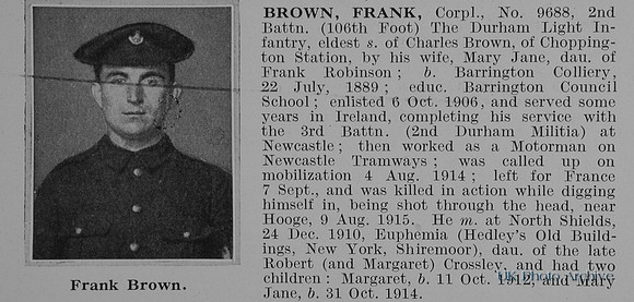 Brown F Cpl 9688 2nd Durham Light Infantry Obit