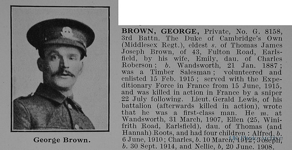 Brown G Pte G8158 3rd Middlesex Regiment Obit