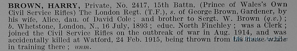Brown H Pte 2417 15th London Regiment