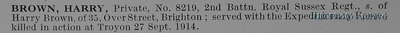 Brown H Pte 8219 2nd Royal Sussex Regiment