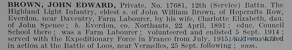 Brown J E Pte 17681 12th Highland Light Infantry