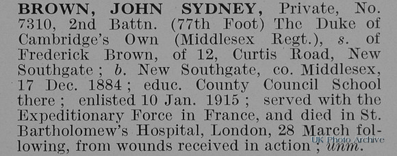 Brown J S Pte 7310 2nd Middlesex Regiment