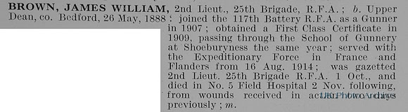 Brown J W 2nd Lt Royal Field Artillery