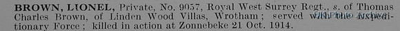 Brown L Pte 9057 Royal West Surrey Regiment