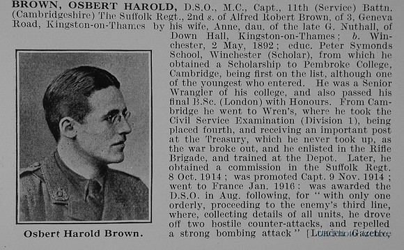 Brown O H Captain DSO MC 11th Suffolk Regiment Obit Part 1