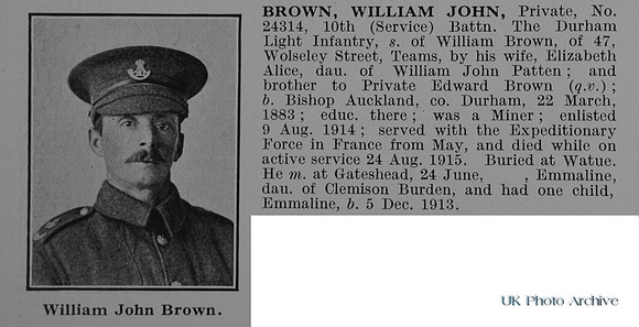 Brown W J Pte 24314 10th Durham Light Infantry Obit
