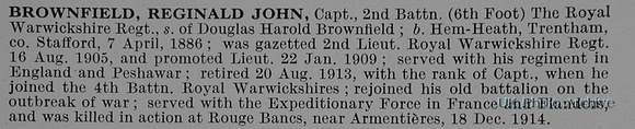 Brownfield R J Captain 2nd Royal Warwickshire Regiment