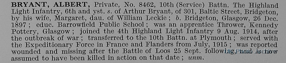 Bryant A Pte 8462 10th Highland Light Infantry