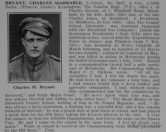 Bryant C M LCpl 2467 13th London Regiment Obit