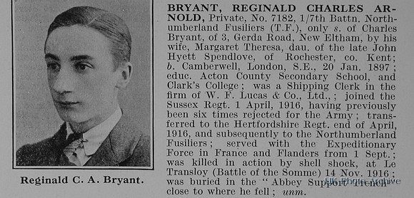 Bryant R C A Pte 7182 7th Northumberland Fusiliers Obit