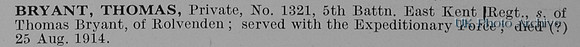 Bryant T Pte 1321 5th East Kent Regiment