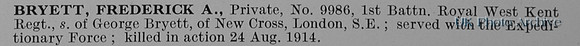 Bryett F A Pte 9986 1st Royal West Kent Regiment