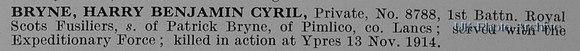 Bryne H B C Pte 8788 1st Royal Scots Fusiliers