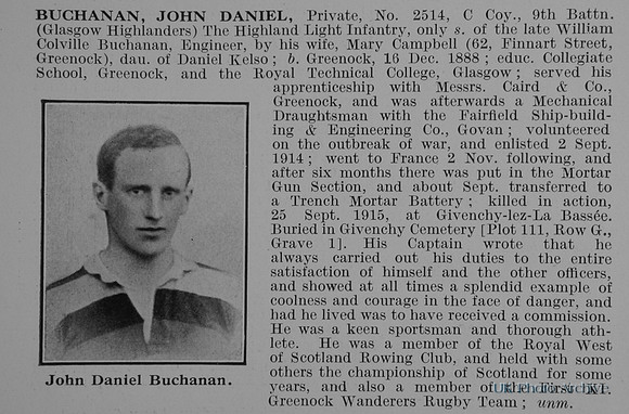 Buchannan J D Pte 2514 9th Highland Light Infantry Obit