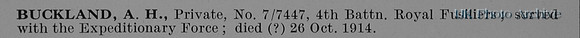Buckland A H Pte 7-7447 4th Royal Fusiliers