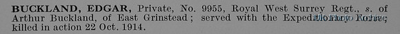 Buckland E Pte 9955 Royal West Surrey Regiment