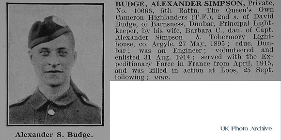 Budge A S Pte 10666 5th Cameron Highlanders Obit