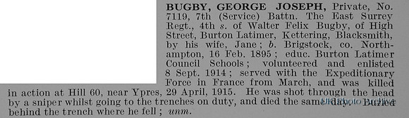 Bugby G J Pte 7119 7th East Surrey Regiment