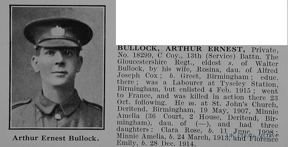 Bullock A E Pte 18299 13th Gloucestershire Regiment Obit