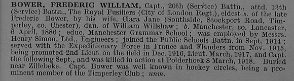 Bower F W Captain 20th Attd 13th Royal Fusiliers Obit