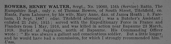 Bower H W Sergt 19060 15th Hampshire Regiment Obit