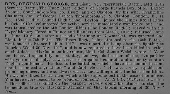 Box R G 2nd Lt 7th Attd 13th Essex Regiment Obit