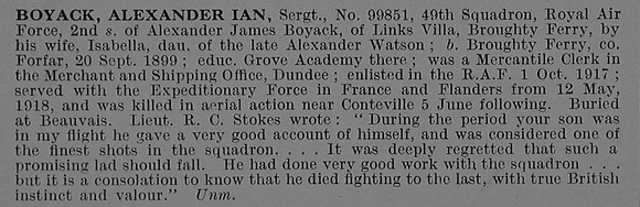 Boyack A I Sergt 99651 Royal Air Force Obit