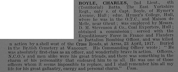 Boyle C 2nd Lt 4th East Yorkshire Regiment Obit