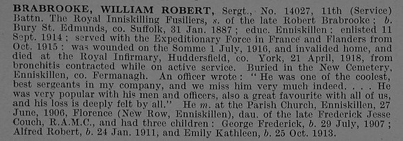 Brabrooke W R Sergt 14027 11th Royal Inniskilling Fusiliers Obit